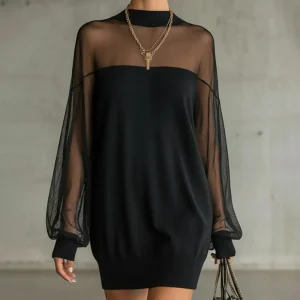 Casual patchwork jurk met lantaarnmouwen