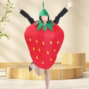 Aardbei kostuum met groene bladeren en hoofddeksel voor carnaval