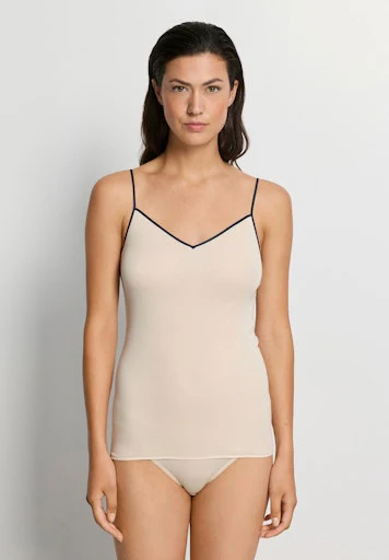 Hanro Cotton Seamless Spaghetti Top – Sand & Navy 071601