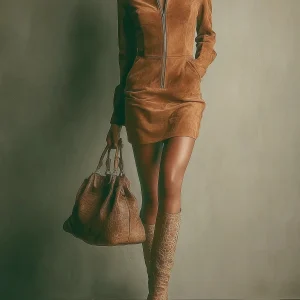 Korte suede jurk met hoge rits en lange mouwen