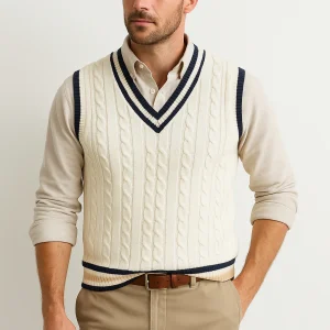 Mouwloos vest met v-hals en kabelpatroon