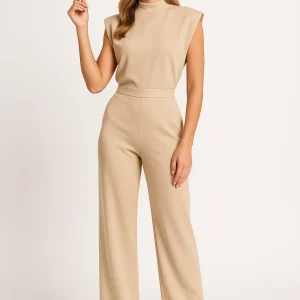 Mouwloze jumpsuit met luxe satijnlook en wijde pijpen