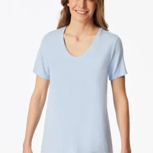 Schiesser Mix+ Relax Dames Shirt – Korte Mouw, V-Hals, Lichtblauw - 183661-805