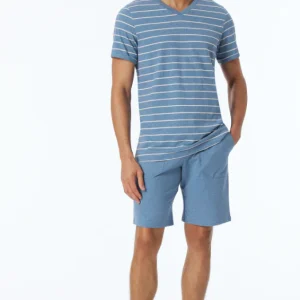 182040-806 Schiesser  Mix & Relax shirt met korte mouw en v-hals strepen blauw