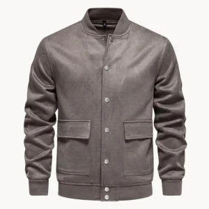 Hugo | Suède bomberjack met ronde hals en drukknopen sluiting