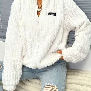 Nina | Rits teddy jas met ribbels en lange mouwen