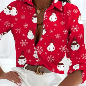 Nina | Schattig kerst sneeuwman print blouse met lange mouwen