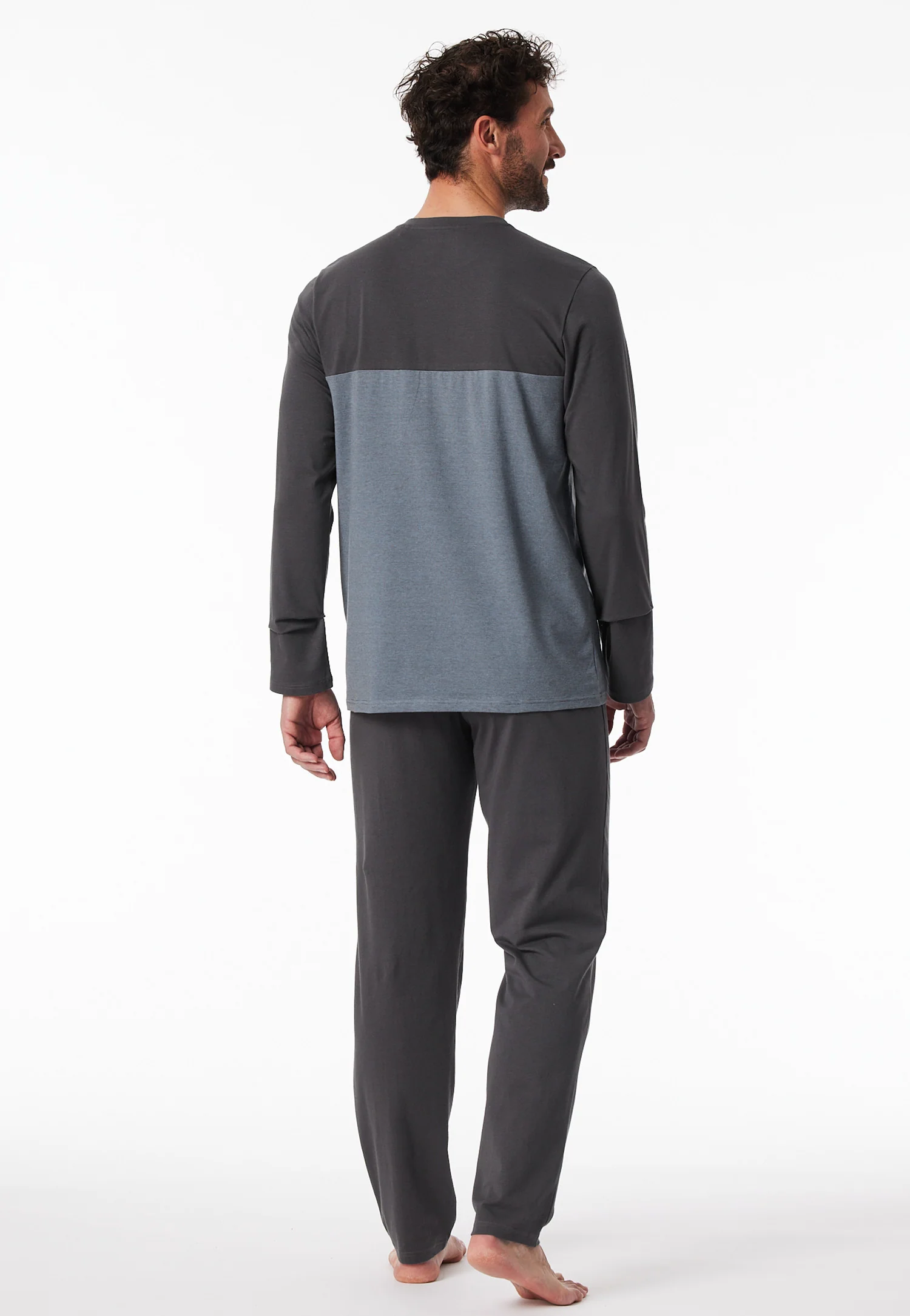 181170 Schiesser Heren Pyjama lang Organic Cotton strepen borstzak antraciet - Afbeelding 3
