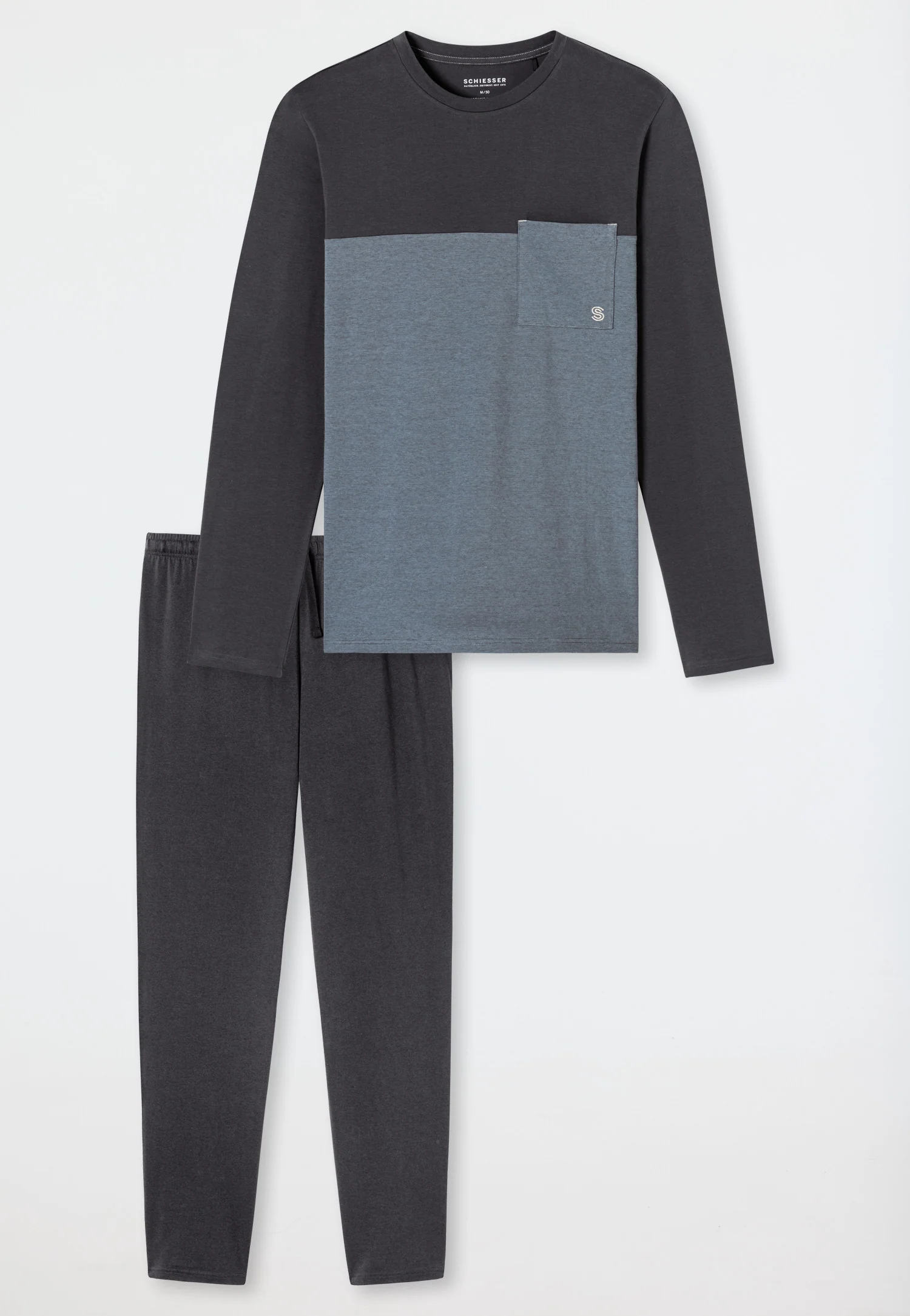 181170 Schiesser Heren Pyjama lang Organic Cotton strepen borstzak antraciet - Afbeelding 4