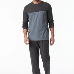 181170 Schiesser Heren Pyjama lang Organic Cotton strepen borstzak antraciet