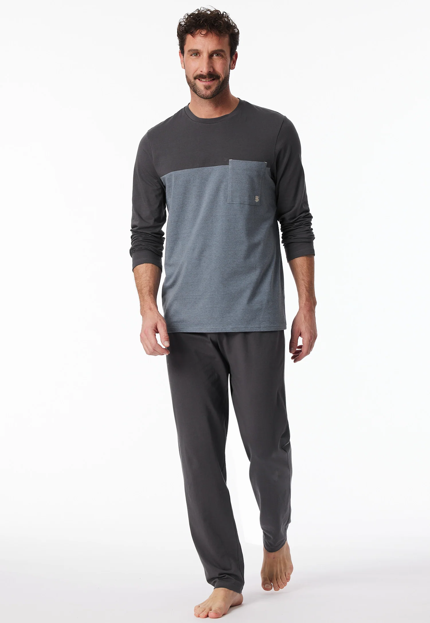 181170 Schiesser Heren Pyjama lang Organic Cotton strepen borstzak antraciet