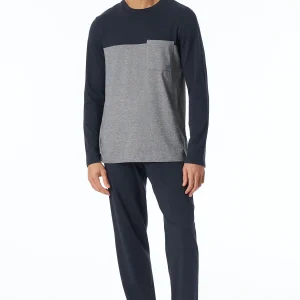 181170 Schiesser Heren Pyjama lang Organic Cotton strepen borstzak nachtblauw